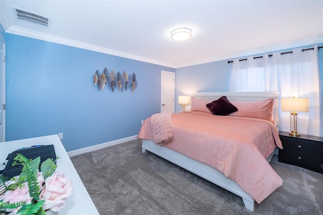 carpeted bedroom featuring ornamental molding