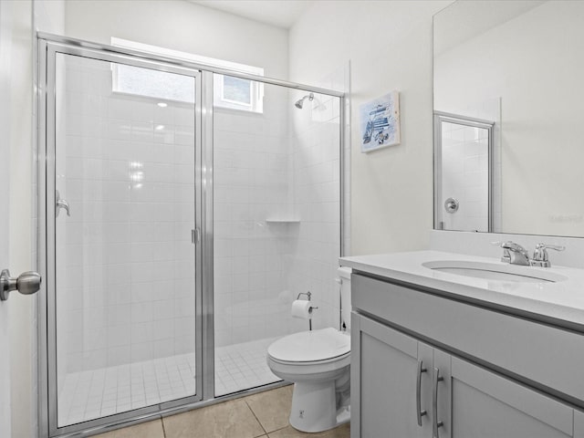 bathroom featuring walk in shower, tile patterned flooring, vanity, and toilet