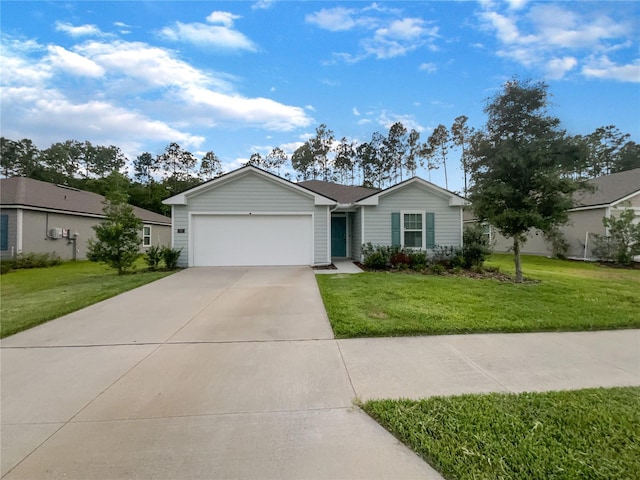 ranch-style house with a front yard and a garage