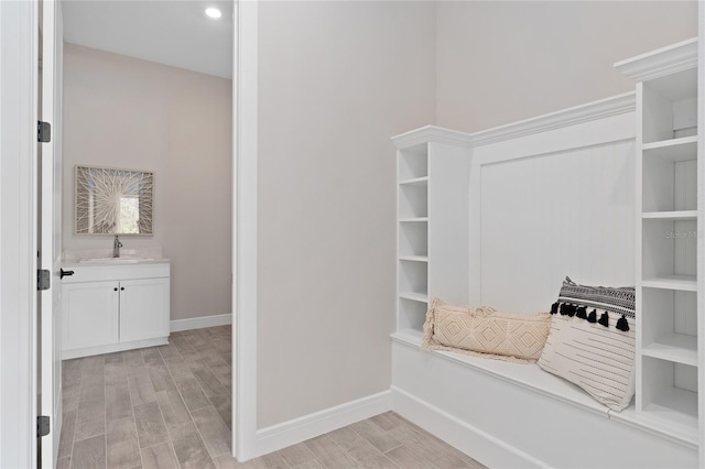 mudroom featuring light wood-type flooring and sink