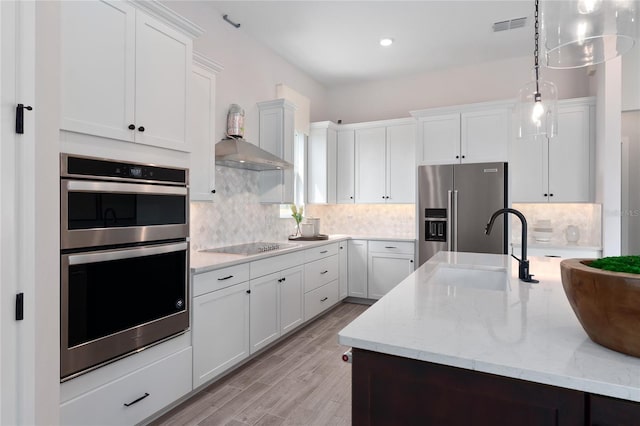 kitchen with appliances with stainless steel finishes, white cabinetry, pendant lighting, and sink