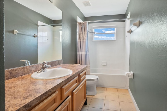 full bathroom featuring shower / bath combination with curtain, vanity, tile patterned floors, and toilet