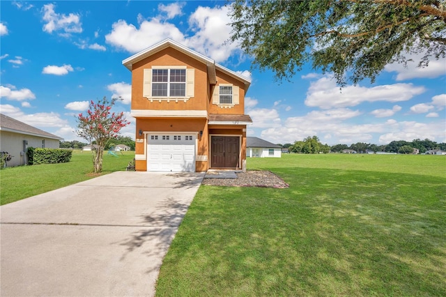 view of front of property with a garage and a front lawn