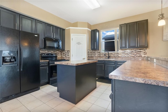 kitchen with sink, a center island, hanging light fixtures, decorative backsplash, and black appliances