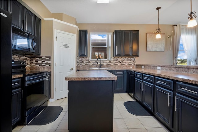 kitchen featuring light tile patterned flooring, pendant lighting, sink, wooden counters, and black appliances