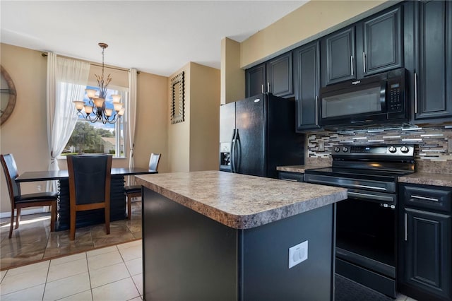 kitchen with backsplash, hanging light fixtures, a kitchen island, and black appliances