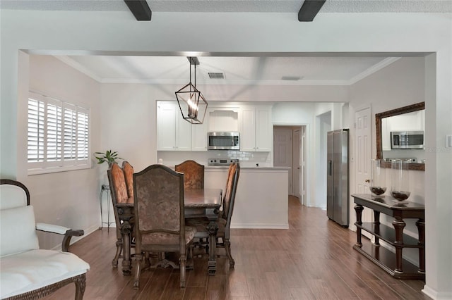 dining space with beamed ceiling, ornamental molding, dark wood-style flooring, and visible vents