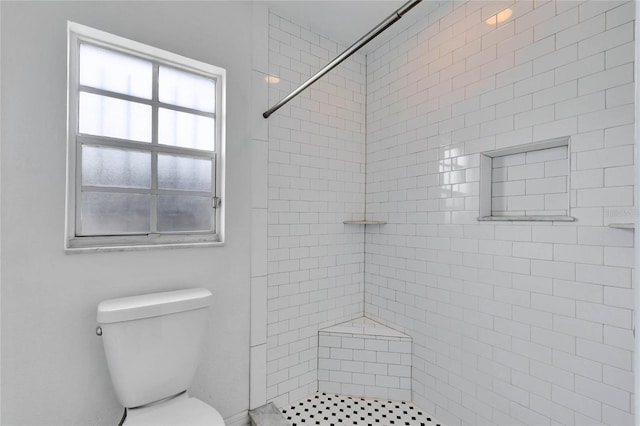 bathroom featuring a stall shower and toilet