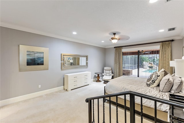 carpeted bedroom with ceiling fan, access to exterior, and crown molding