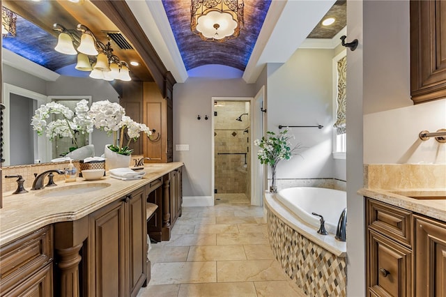 bathroom with brick ceiling, independent shower and bath, and vanity