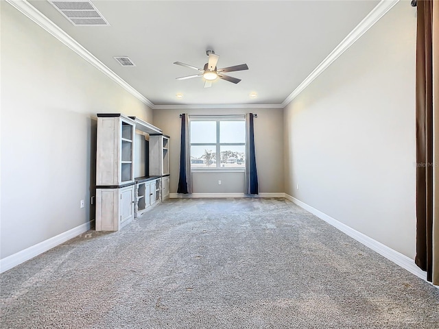 unfurnished bedroom featuring light carpet, ornamental molding, and ceiling fan