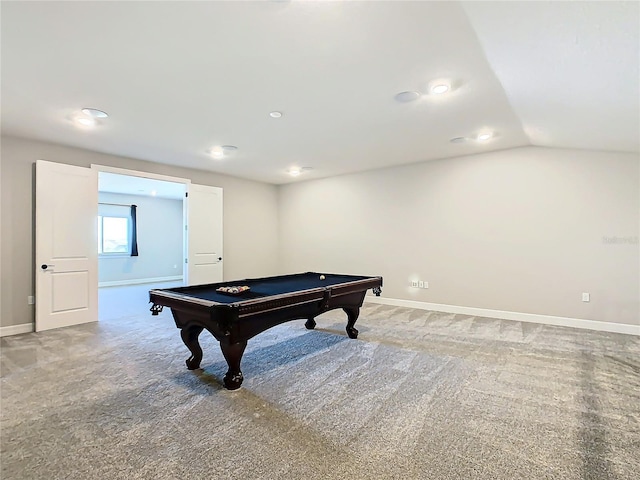 playroom featuring pool table, lofted ceiling, and carpet floors