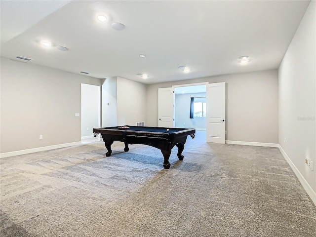 rec room featuring pool table and carpet flooring