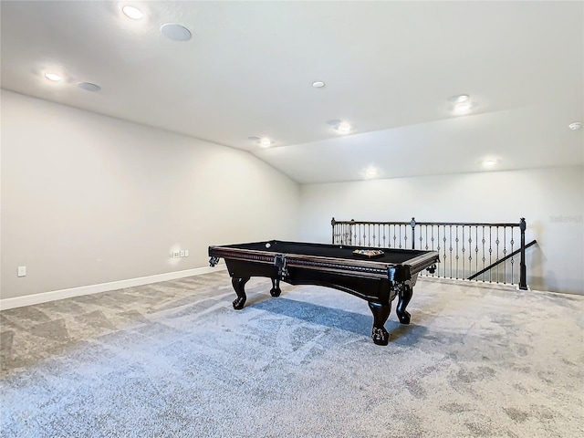 recreation room featuring vaulted ceiling, carpet, and billiards