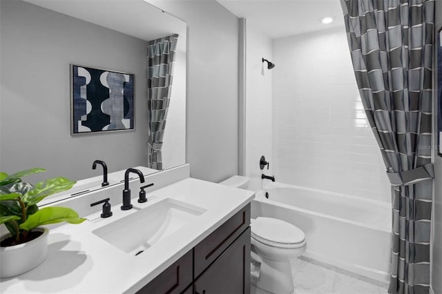 bathroom with shower / bath combo, marble finish floor, vanity, and toilet