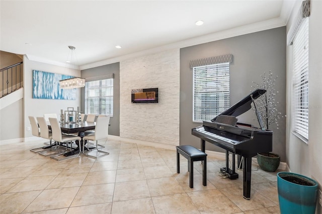 misc room featuring ornamental molding and light tile patterned flooring