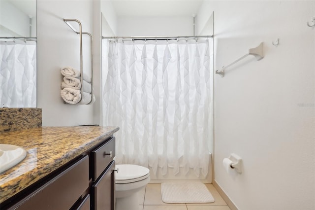 full bathroom featuring tile patterned floors, toilet, shower / tub combo, and vanity