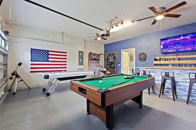 rec room featuring billiards and ceiling fan