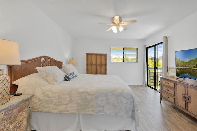 bedroom with access to outside, ceiling fan, and light hardwood / wood-style floors