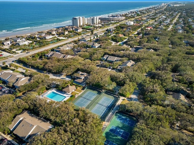 bird's eye view with a view of the beach and a water view