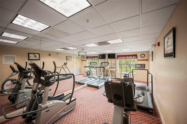 gym featuring a paneled ceiling and carpet floors