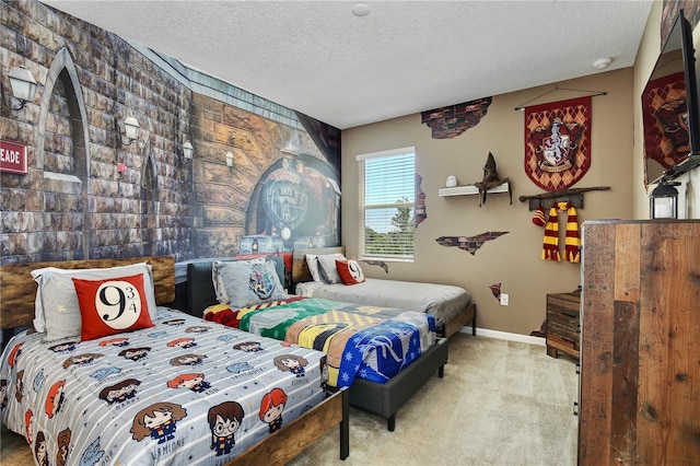 bedroom featuring a textured ceiling and light colored carpet