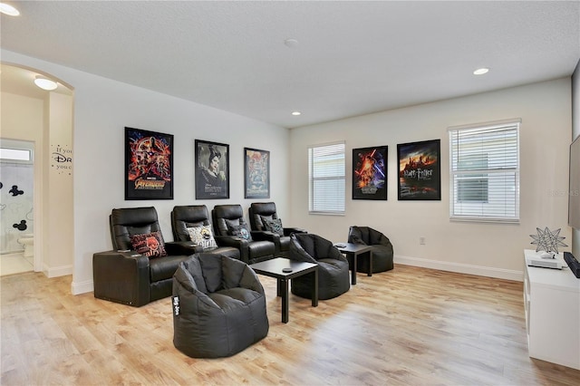 home theater featuring a wealth of natural light and light wood-type flooring