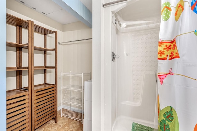 bathroom with curtained shower