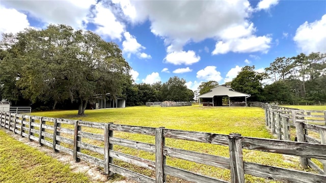 view of yard with a rural view and an outbuilding