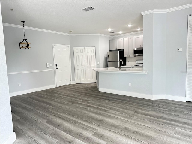 kitchen with hanging light fixtures, appliances with stainless steel finishes, white cabinets, and dark hardwood / wood-style flooring