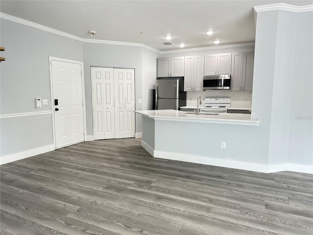 kitchen featuring dark hardwood / wood-style flooring, sink, tasteful backsplash, and stainless steel appliances