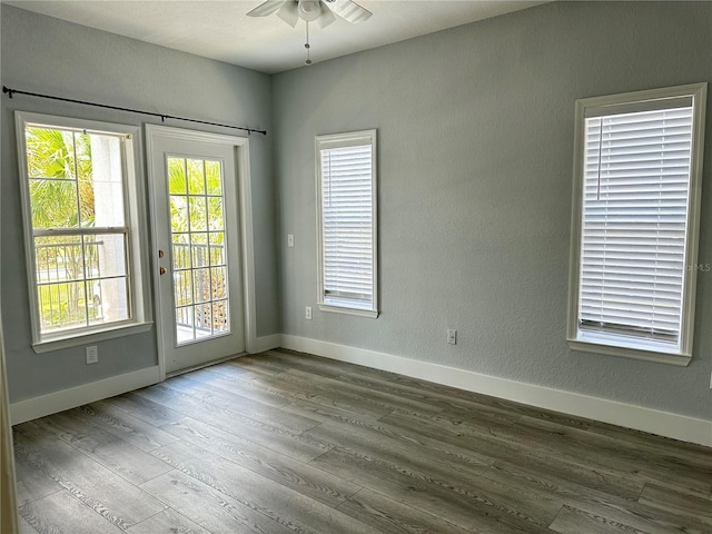 empty room featuring ceiling fan and light hardwood / wood-style floors