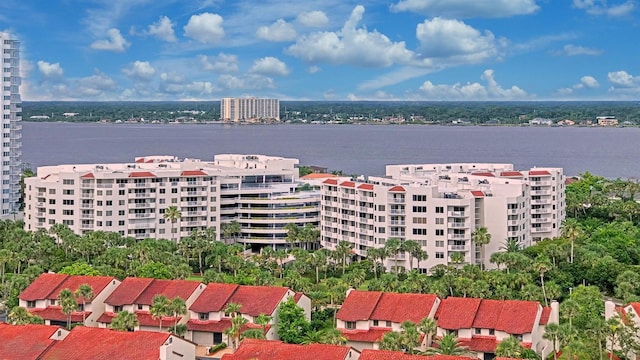 birds eye view of property featuring a water view