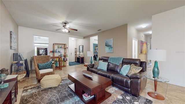 living room featuring ceiling fan