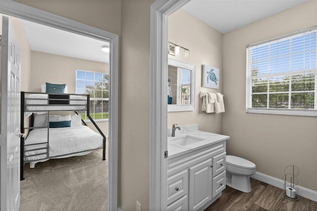 bathroom featuring vanity, hardwood / wood-style floors, and toilet