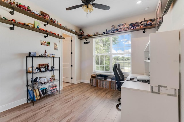 office area featuring ceiling fan and light hardwood / wood-style floors