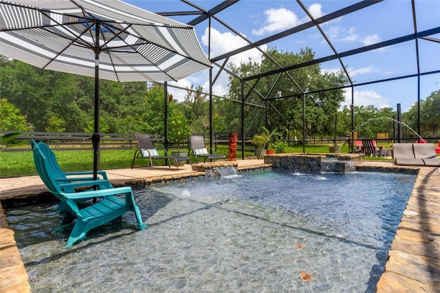 view of pool featuring pool water feature and glass enclosure