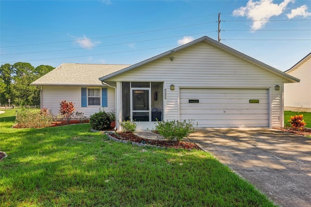 single story home with a front yard and a garage