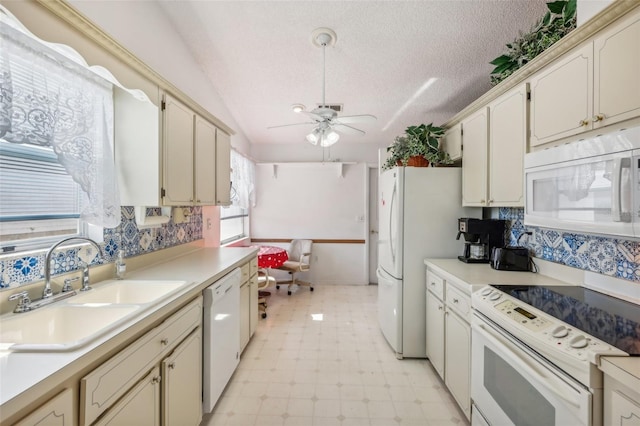 kitchen featuring ceiling fan, sink, cream cabinets, a textured ceiling, and white appliances