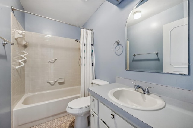 full bathroom with shower / bath combo, vanity, and toilet