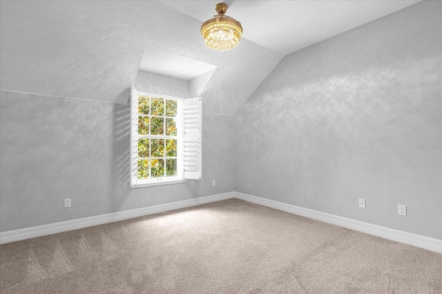 additional living space with carpet flooring, a textured ceiling, and lofted ceiling