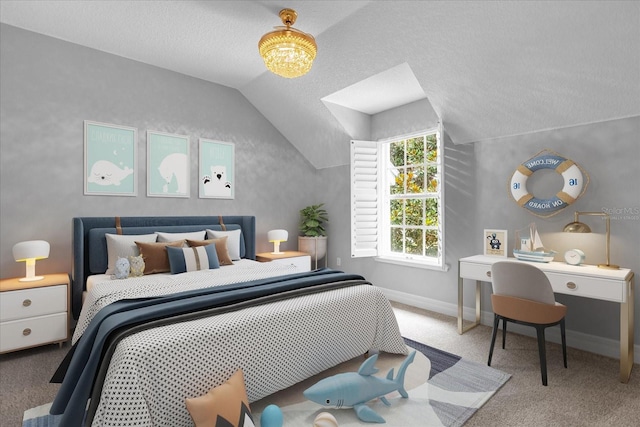 bedroom with carpet, lofted ceiling, and a textured ceiling