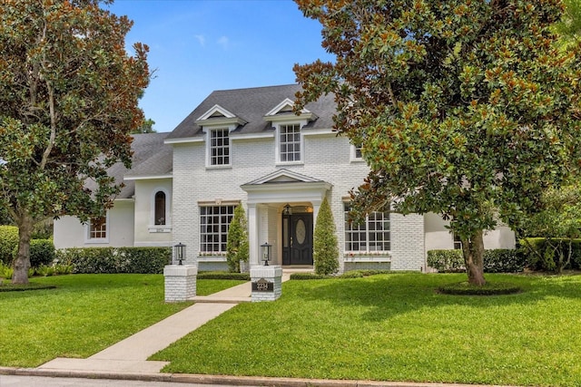 view of front of house featuring brick siding, a shingled roof, and a front lawn