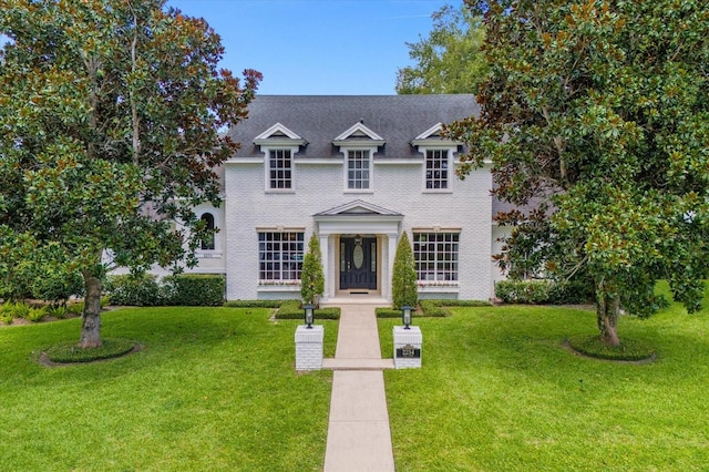 view of front facade featuring brick siding and a front lawn