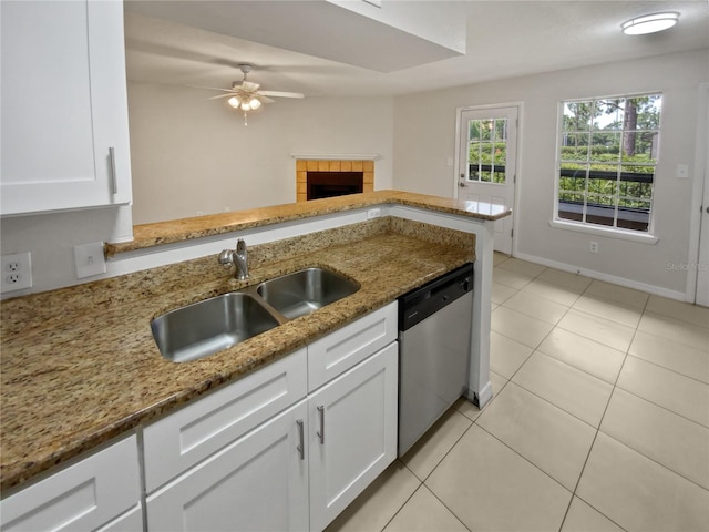 kitchen featuring light stone countertops, sink, white cabinets, and dishwasher