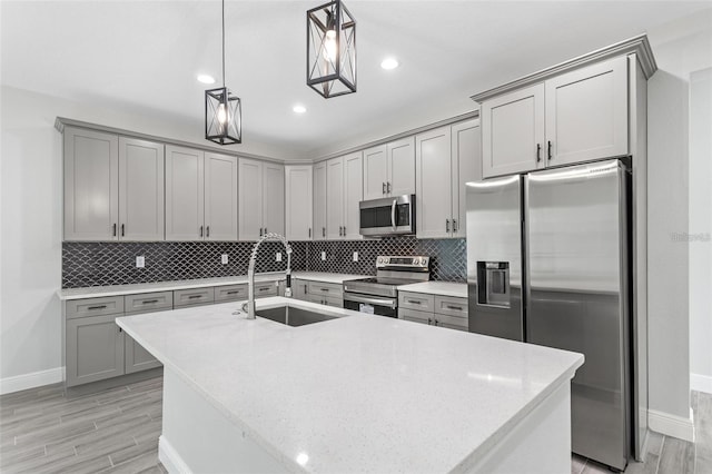 kitchen featuring hanging light fixtures, stainless steel appliances, an island with sink, backsplash, and sink