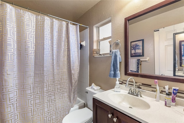 full bathroom featuring vanity, shower / bathtub combination with curtain, and toilet