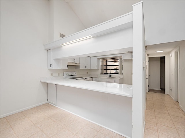 225 Terrace Hill Blvd Unit 1C, Debary, FL 32713 - kitchen with electric stove, under cabinet range hood, a sink, high vaulted ceiling, and light countertops