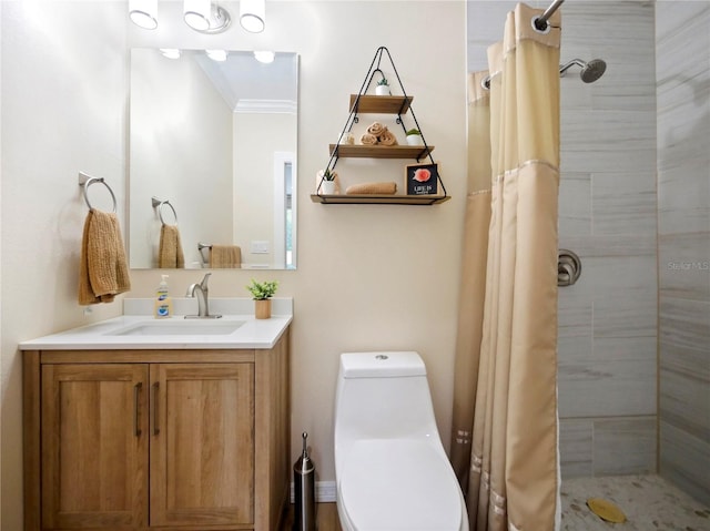 bathroom featuring tiled shower, toilet, ornamental molding, and vanity