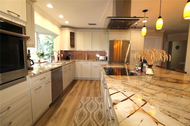 kitchen with ornamental molding, a sink, island exhaust hood, tasteful backsplash, and appliances with stainless steel finishes